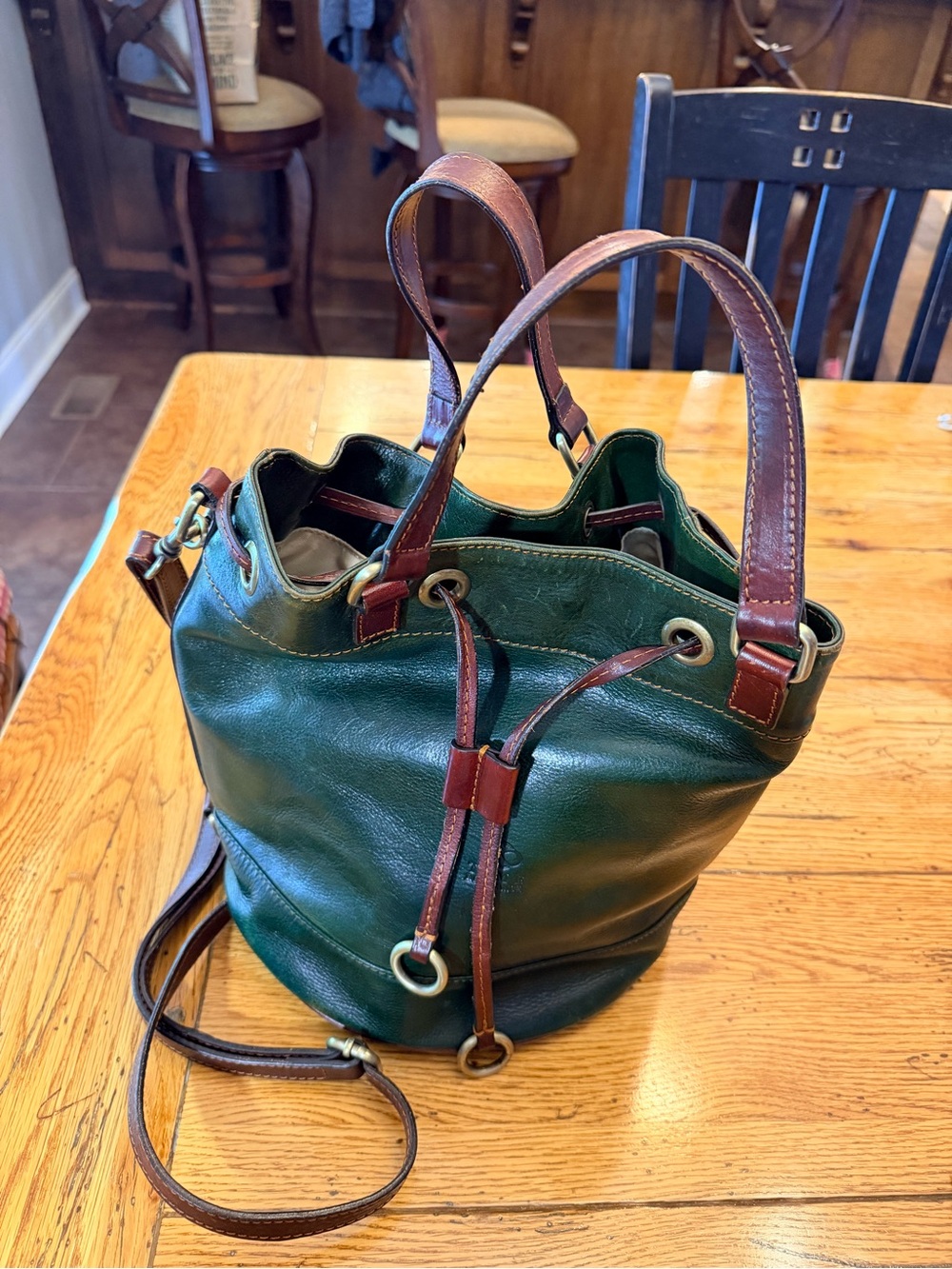 Time Resistance Green Italian Leather Drawstring Bucket Bag with Brown Trim